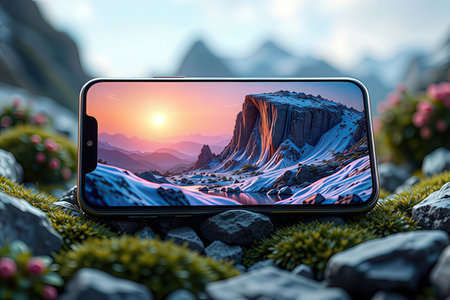 Smartphone with a photo of the mountain landscape on the screen.の写真素材