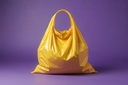 Yellow plastic bag isolated on purple background. 3d render illustration.の素材