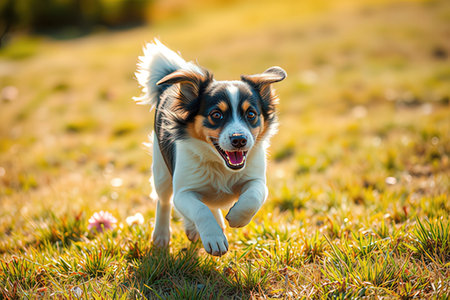 Adorable border collie dog running in the grass and looking at camera