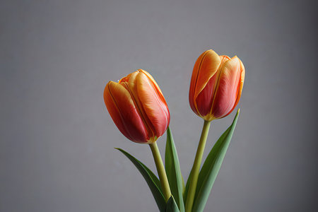 Three orange tulips on a gray background with space for text.の写真素材