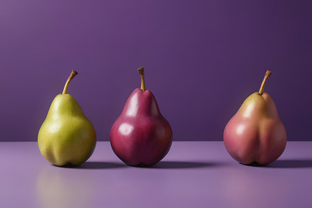 Three pears on purple background. Minimal still life concept.の写真素材