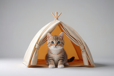Cute tabby cat in wigwam tent on gray background