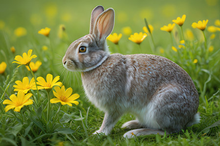 Cute rabbit in the meadow with yellow flowers. Easter background.