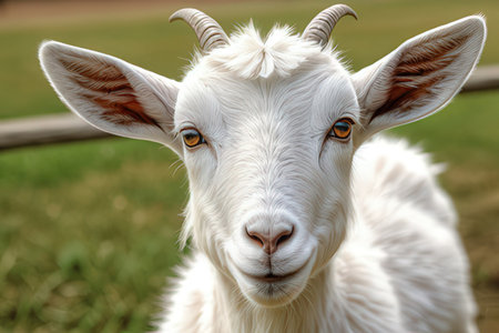 Portrait of a white goat on a background of green grass.