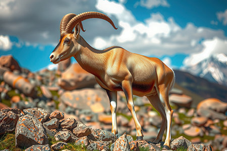 mountain goat on a background of blue sky. 3d renderの写真素材