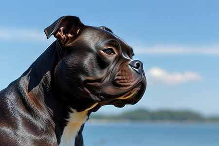 American Staffordshire Terrier dog with blue sky in the background.の写真素材