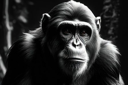 Monochrome portrait of a chimpanzee. Black and white.の素材