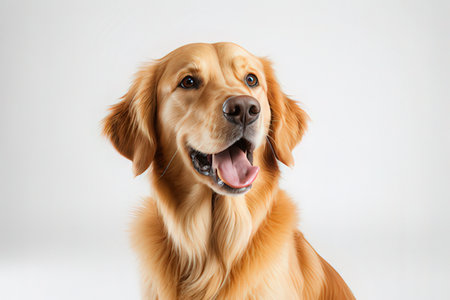 Cute golden retriever dog on white background. Studio shot.の写真素材
