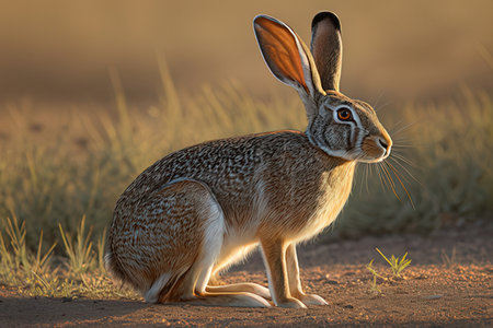 Hare sitting on the ground in sunset light, Kalahari desert, South Africaの写真素材