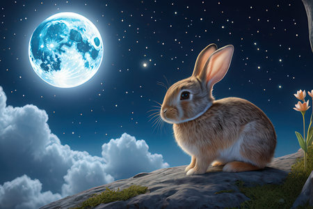 Cute rabbit sitting on a hill and looking at the moon.の写真素材