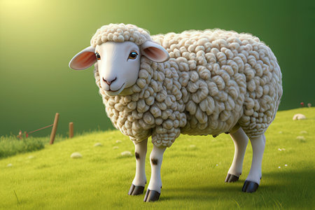 Sheep on the green meadow. 3d render illustration.の写真素材