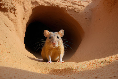 A brown mouse in a hole in the sand looking for food.の写真素材