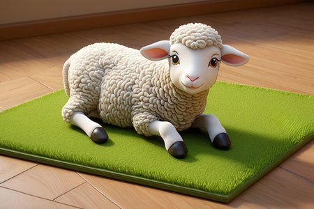 Sheep on green mat in the room. 3D illustration.の写真素材
