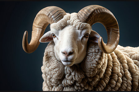 Sheep head with big horns on dark background, close-upの写真素材