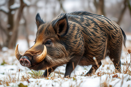 Wild boar (Sus scrofa) in the winter forestの写真素材