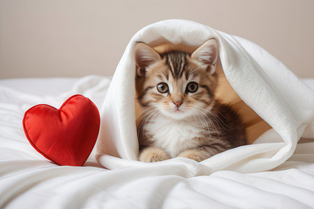 Cute tabby kitten hiding under blanket on bed with red heartの写真素材