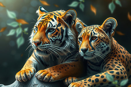 Two leopards sitting on a rock in the forest. 3D rendering