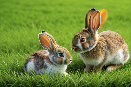 Two cute rabbits on green grass. Easter background. 3d renderingの写真素材