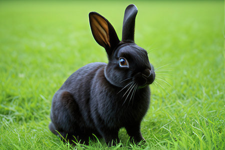 Black rabbit with blue eyes on green grass background, close-upの写真素材