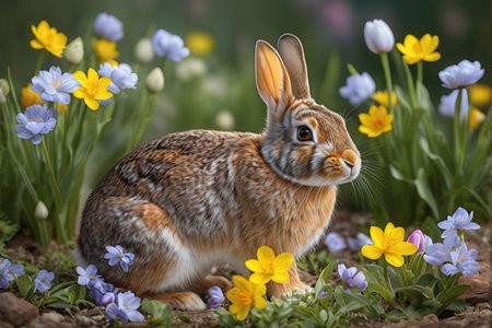 Easter bunny and spring flowers in the garden. 3d illustration.の写真素材
