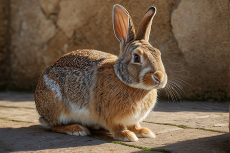 Cute rabbit sitting on the ground in the sun. Animal portraitの写真素材