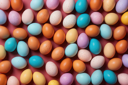 Colorful easter eggs background. Top view. Flat lay.の写真素材