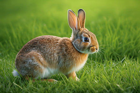 Cute little rabbit on green grass. Animal on nature background.