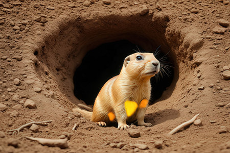 Prairie dog in a hole in the ground, close-up