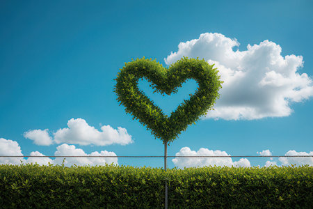 Heart shaped tree against blue sky over green grassy field with cloudsの写真素材