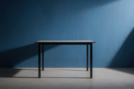 Wooden table and blue wall with shadow. 3D Rendering