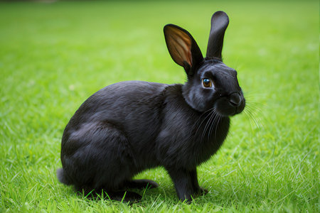 Black rabbit on green grass background with copy space for your text.の写真素材