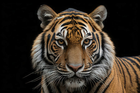 Portrait of a tiger on a black background, close-up