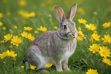 Rabbit in the meadow with yellow flowers, close-upの写真素材