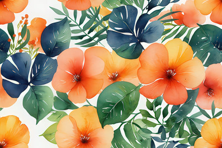 Seamless pattern with watercolor hibiscus flowers and tropical leaves.の写真素材