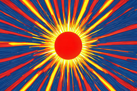 Red sun with rays on blue background. 3d rendering, 3d illustration.の写真素材