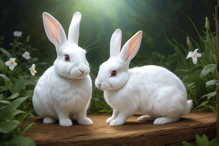 Two white rabbits sitting on a log in the garden. Easter background.の写真素材