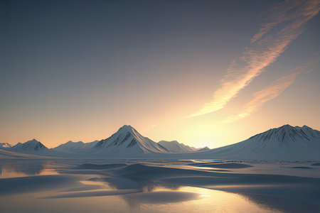 beautiful winter landscape with snow-capped mountains and lake at sunsetの写真素材