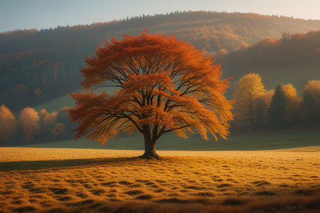 Autumnal tree on a meadow in the mountains at sunsetの写真素材