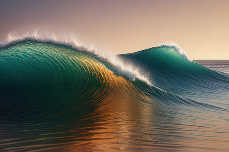 Surf wave on the ocean at sunset. 3d render illustrationの写真素材