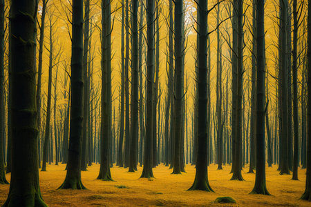 Beautiful autumn forest with sun rays in the morning. Vintage style