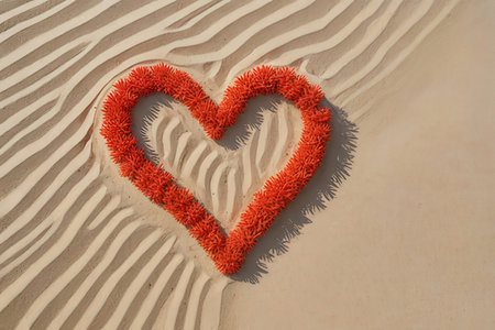 Red heart on the sand. The concept of love and romance.の写真素材