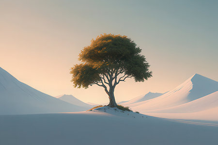 3d rendering of a single tree in the middle of a snowy landscapeの写真素材