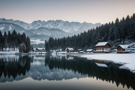 Beautiful winter landscape in Bavaria, Germany. The lake is surrounded by mountains.の写真素材