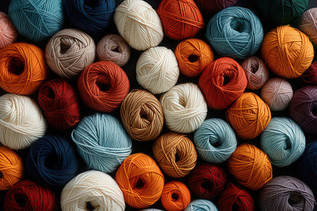 Colorful skeins of wool yarn for knitting on a dark backgroundの写真素材