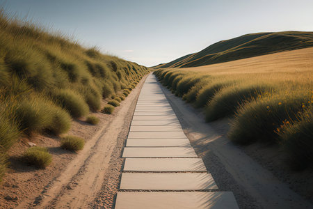 Wooden path in the dunes on the North Sea coast of Germanyの写真素材