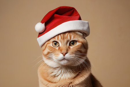Cute ginger cat in santa claus hat on brown backgroundの写真素材