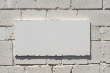 Blank white signboard on a white brick wall with copy spaceの写真素材