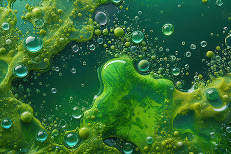 abstract green background with bubbles and drops of oil, close-up