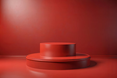 Red podium on red background. 3d render. Abstract minimal scene.の写真素材