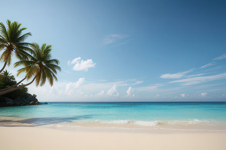 tropical beach with palm trees and turquoise water in summerの写真素材